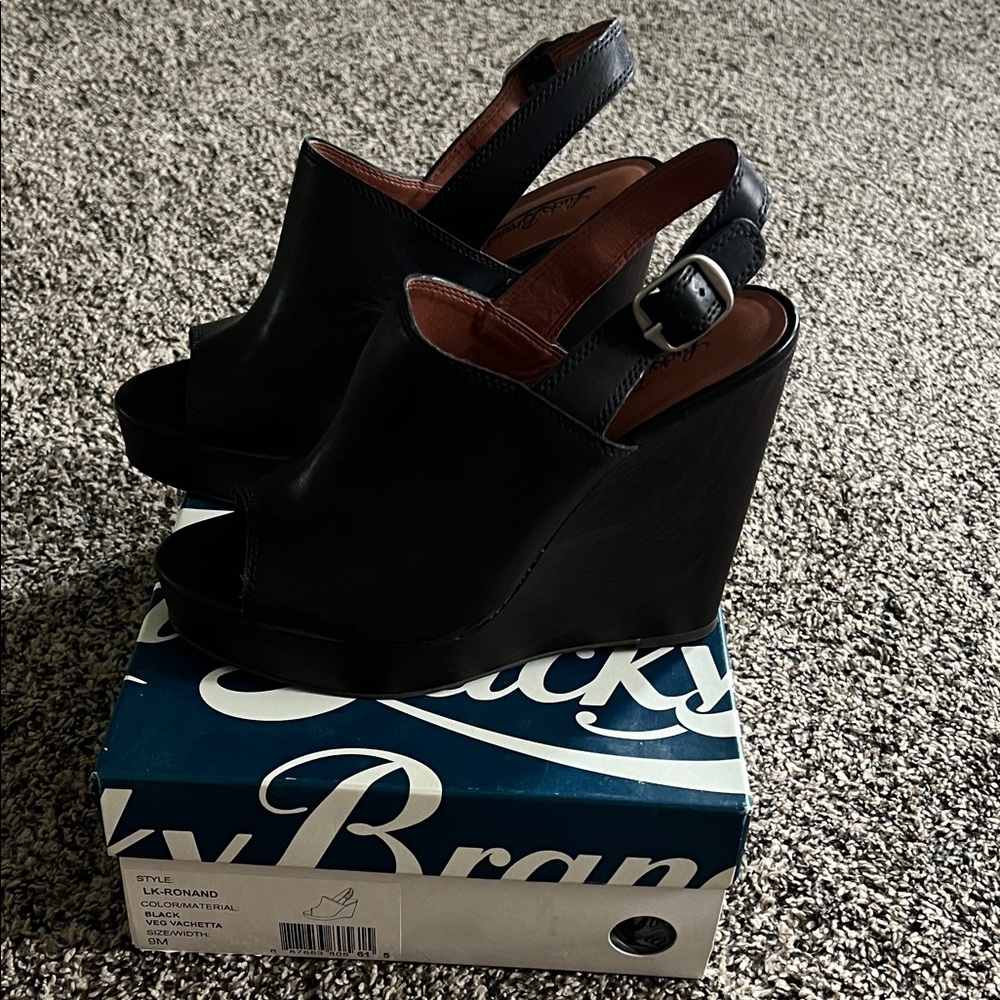 Lucky Brand Black Peep-Toe Slingback Wedge Sandals